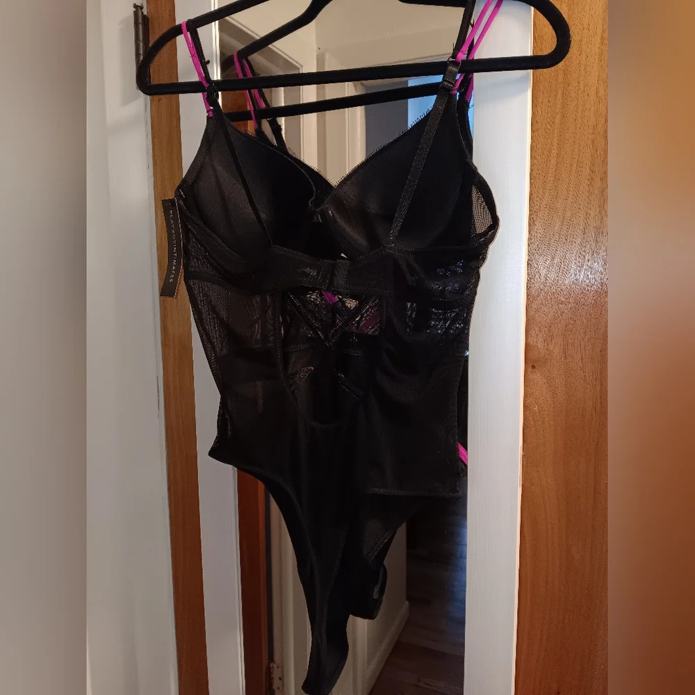 Playboy Black Lace and Fuschia Trimming Sexy Bodysuit - Picture 2 of 7
